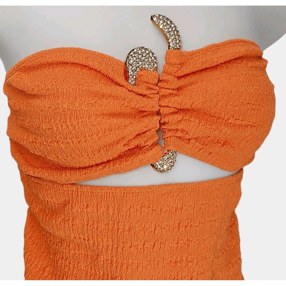 MICAS Maxi Dress Large Orange Strapless Bodycon Cutout Rhinestone High Slit New